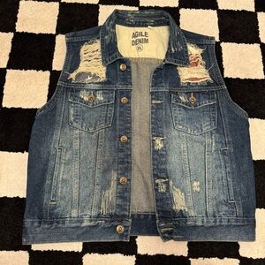 Agile Denim Distressed American Flag Button Up Vest